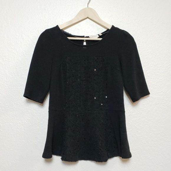 Anthropologie Deletta Black Boucle Shimmer Sequin Peplum Sweater L - Picture 2 of 4